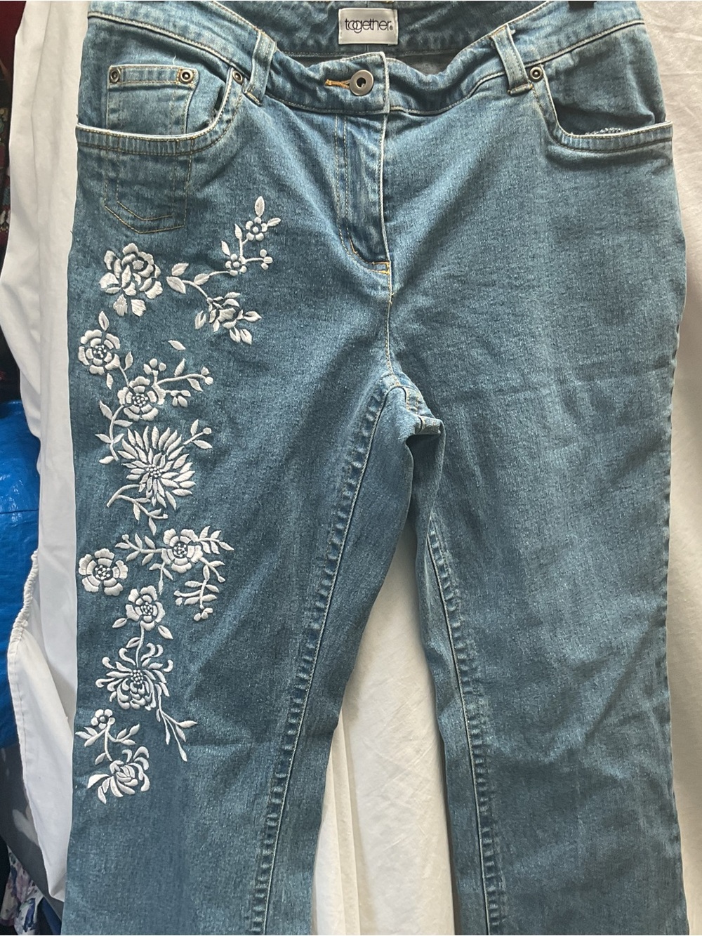 Together Straight-Leg Jeans in Light Blue with White Floral Embroidery